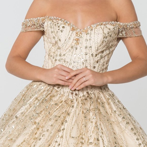 NEW CUT AWAY SHOULDER SLEEVELESS EMBROIDERED BALL GOWN WITH LACE UP BACK GL2831 - Picture 4 of 7